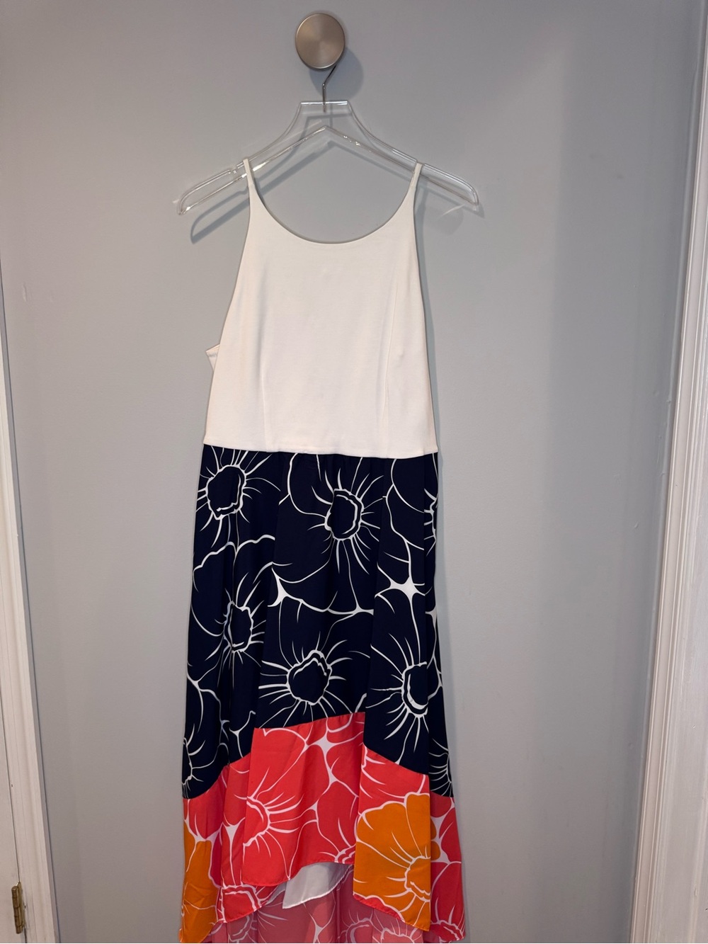 Hutch White Bodice Navy Floral High-Low Maxi with Coral & Orange Hem